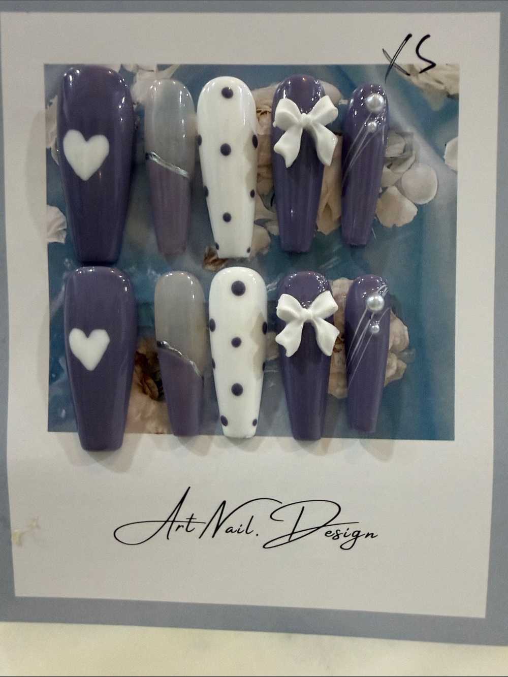 Purple & White Press-On Nail Set with Heart, Bow, polka dots & Pearl Accents XS